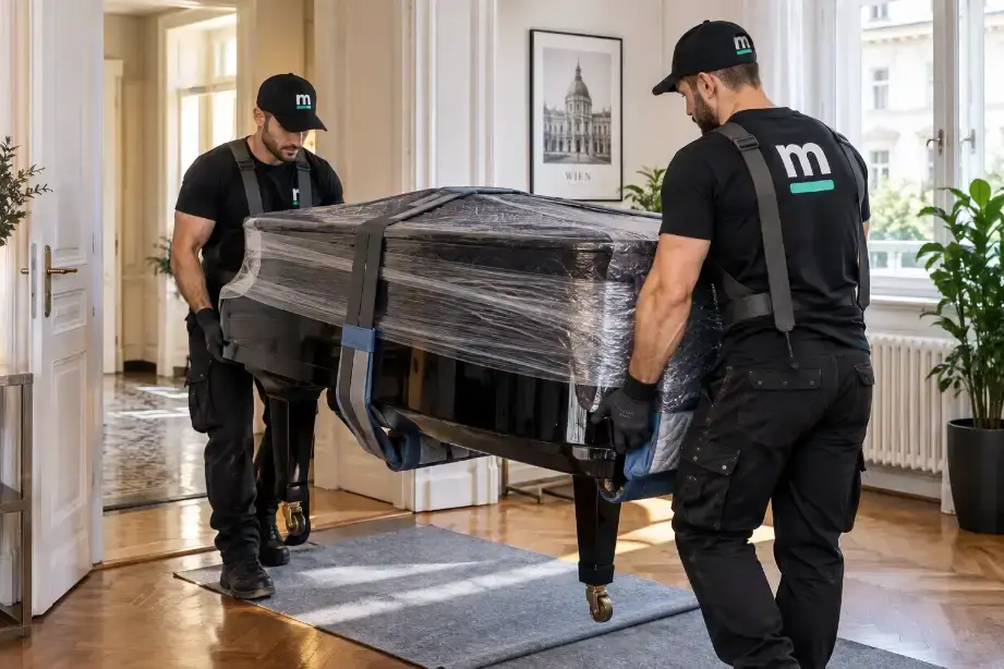 Zwei Möbelpacker tragen ein verpacktes Instrument mit Tragegurten durch eine Altbauwohnung