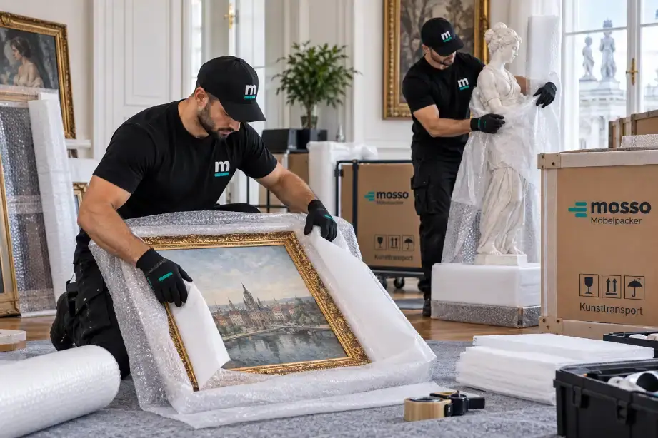Möbelpacker verpacken ein Gemälde und eine Skulptur für den Kunsttransport