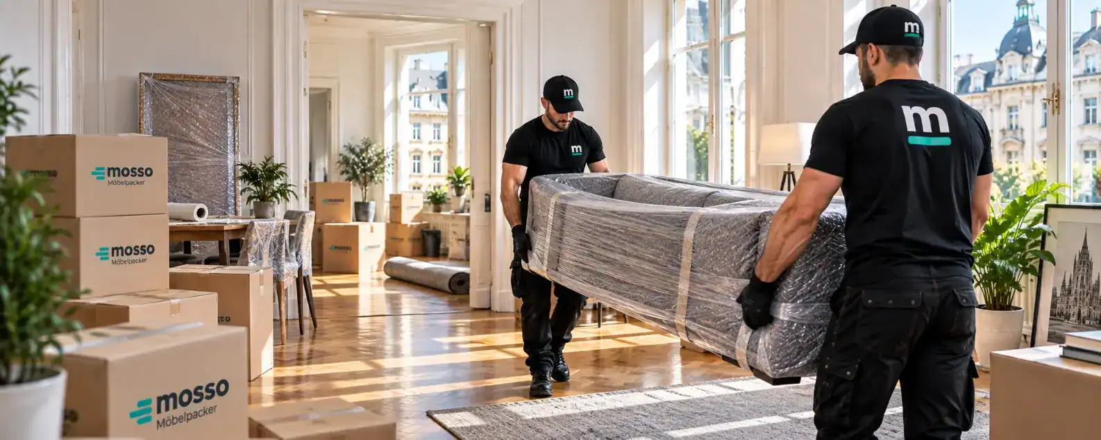 Zwei Möbelpacker tragen ein eingepacktes Sofa durch eine Altbauwohnung