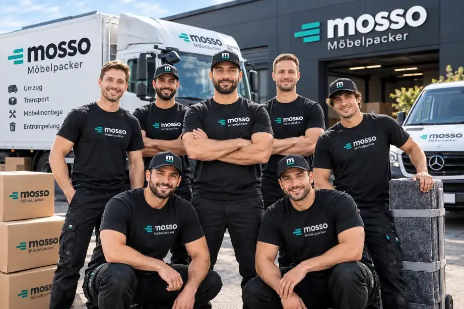 Das Team von Mosso Möbelpacker vor LKW und Transporter